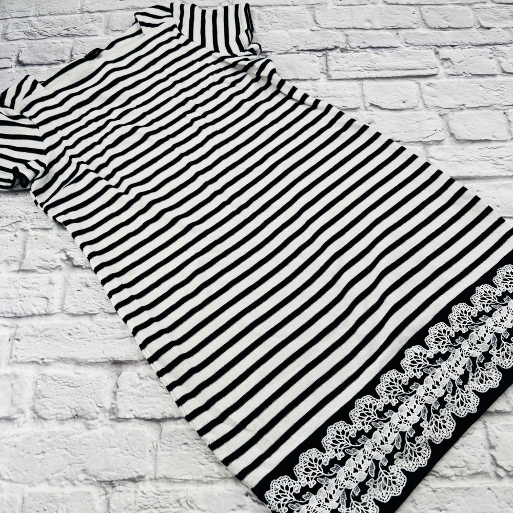 Talbots Petites Navy White Stripe Lace Hem Shift Dress LP Boat Neck Short Sleeve